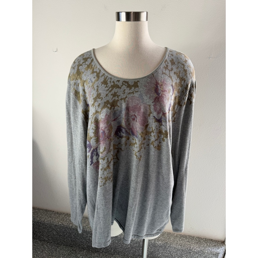 J Jill Womens Plus 3X Gray Floral Cotton Long Sleeve Sweater Scoop Neck Knit